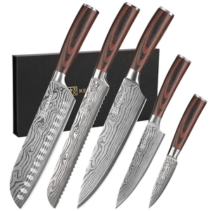 Hot Selling Professional Damascus Pattern 5PCS Stainless Steel Kitchen Knife Set Pakka Wood Handle for Chefs-with Gift Box